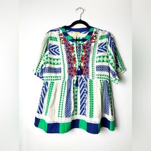 Anthropologie Verb Pallavi Singhee Mediterranean Geometric Tassel Blouse. Med.